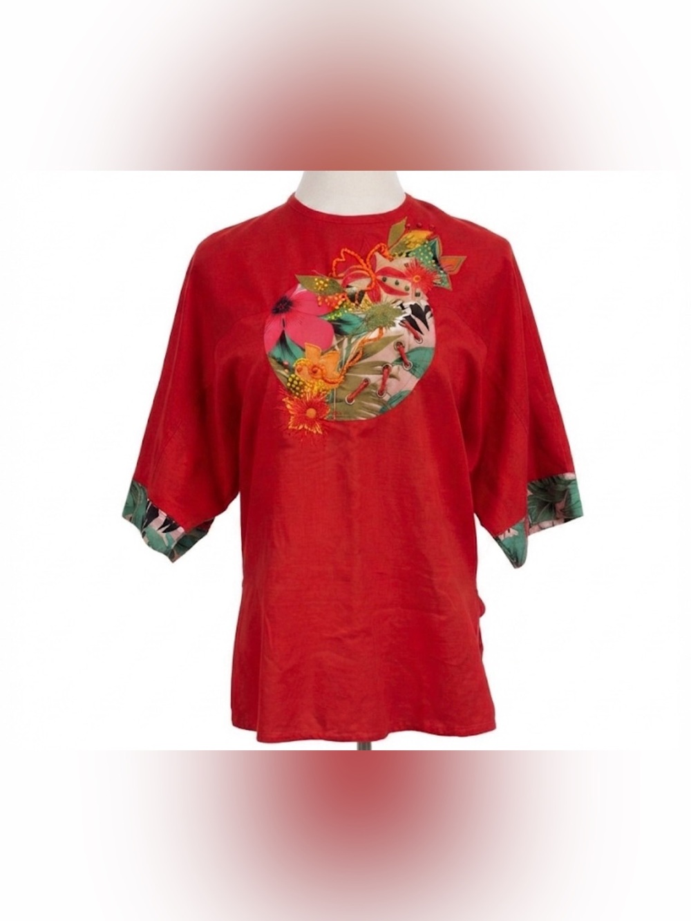 Vintage Marc D'Alcy Red Floral Beaded Top Size 6 Tropical Lace-Up Detail